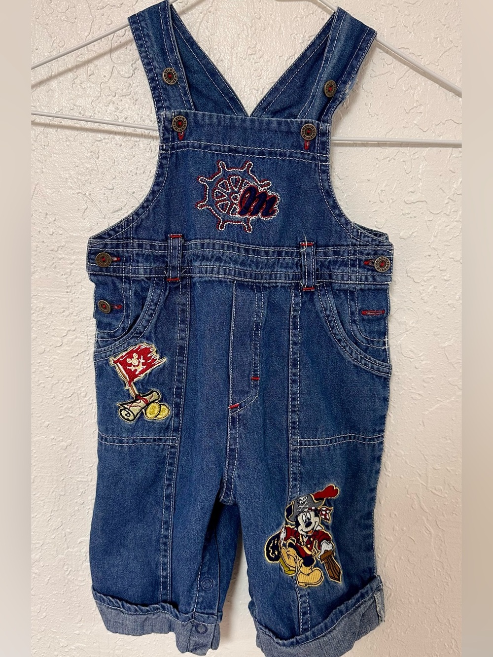 VTG 90s Disney Baby Mickey Mouse Nautical Denim Overalls 0-3M Sailor Pirate